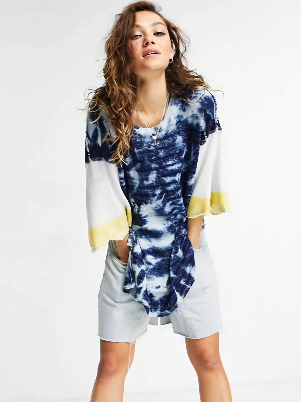 Free People Navy Tie-Dye Swim Coverup with Yellow Sleeve Accents